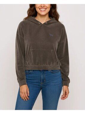 Victoria's Secret PINK Women's L Gray Velvet Hoodie Sweatshirt Pocket Minimalist